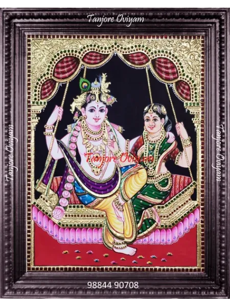 Radha and Krishna on a Swing Tanjore Painting